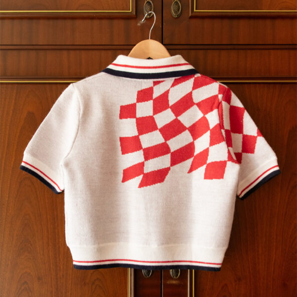 Custom Design Logo Embroidered Badge Wave Jacquard Short Sleeve Sweater Top Vintage Football Knitted Polo Women Men - Image 4